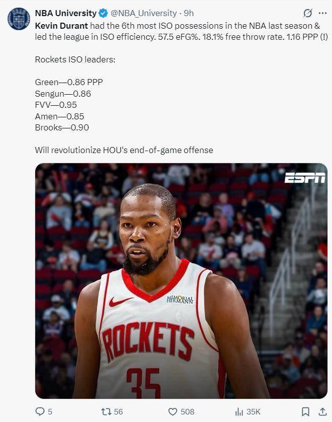 火箭用联盟97换联盟第十!KD能力值衬斯通妙手:单打效率联盟封王